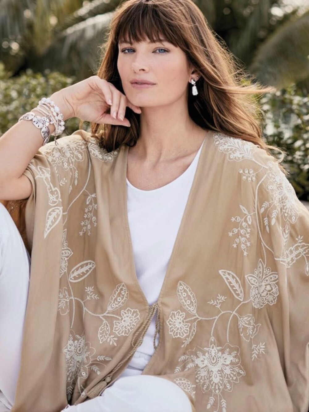 J.Jill taupe kimono features intricate white floral embroidery tassel  XL-3X